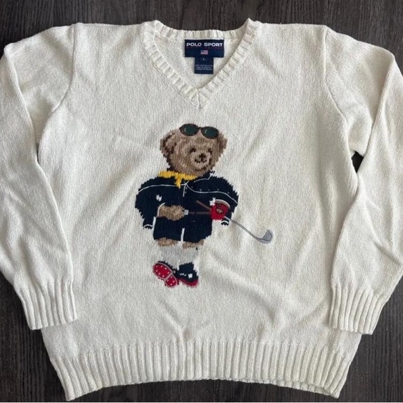 Polo Ralph Lauren Vintage Bear Golf V Neck white knitted Sweater Womens Large - Picture 2 of 5